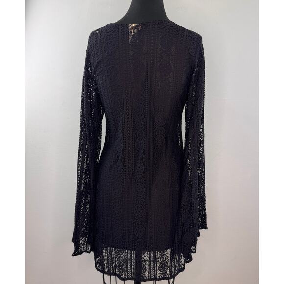Pily Q Black Cover-Up Dress Floral Deep V-Neck Lace Up Casual Pullover Size M/L - Picture 4 of 7